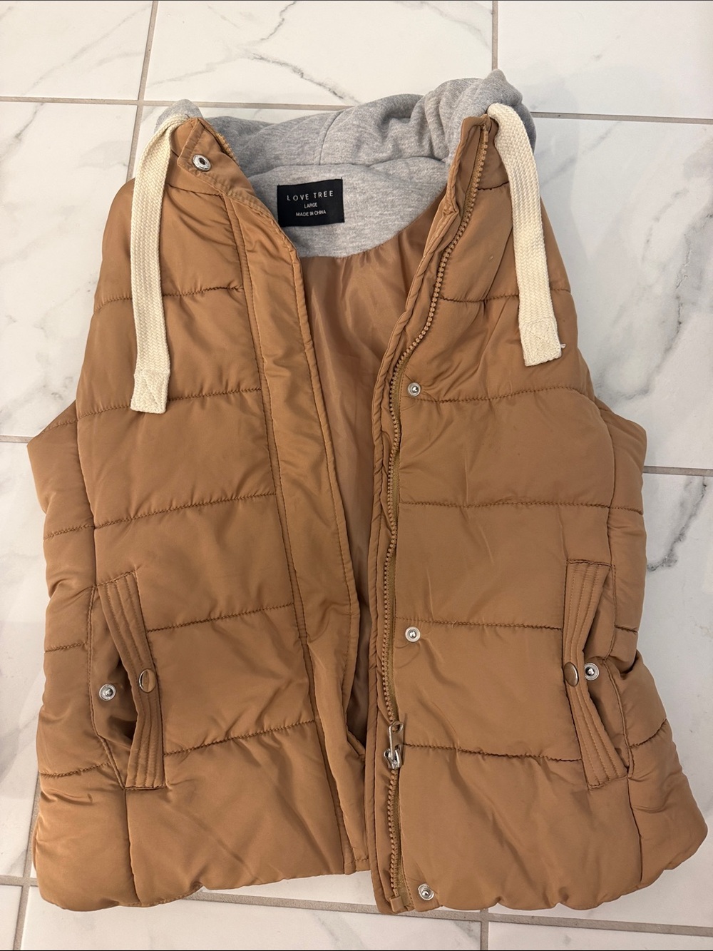 Love Tree Tan Quilted Hooded Puffer Vest with Ivory Drawcords